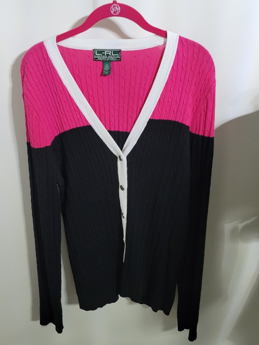 Vintage Lauren Ralph Lauren Active Colorblock Pink, Black & White Cardigan Sz XL